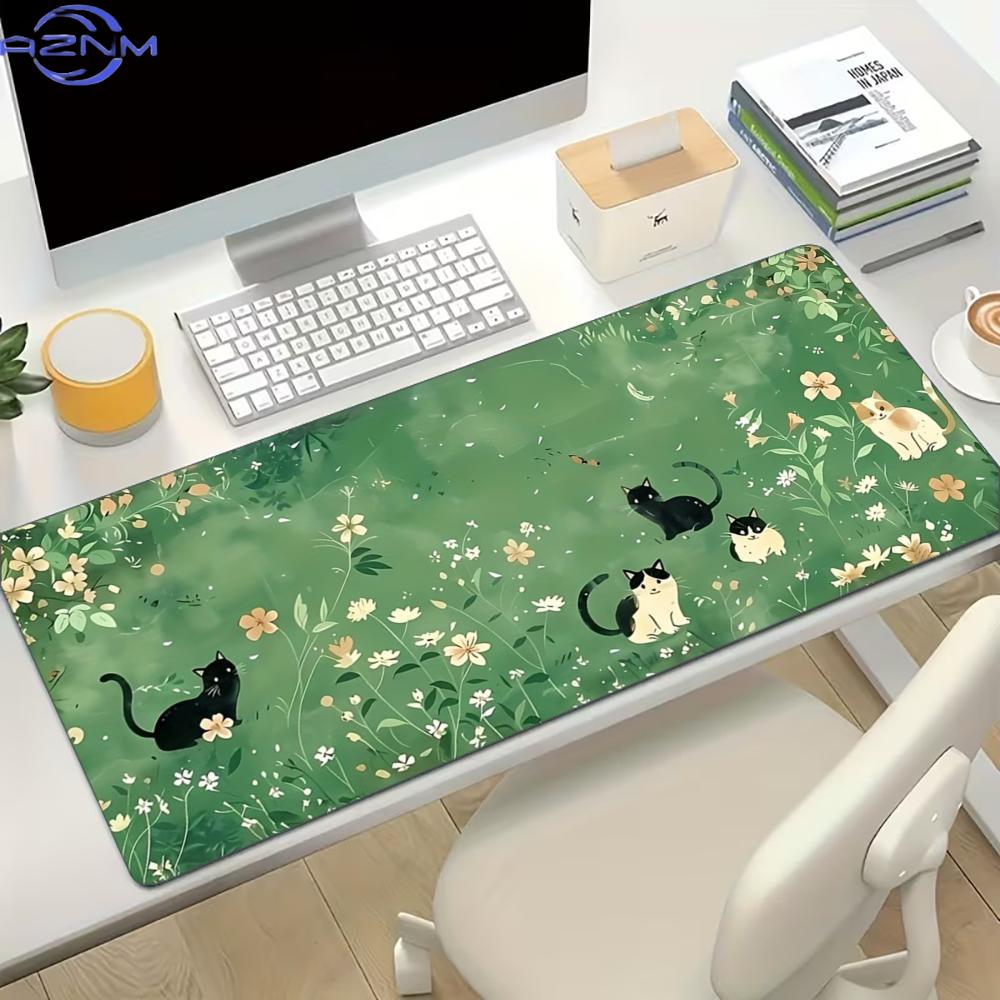 Desk Setup Gaming And Work - Floral Cute Cat Large Gaming Mouse