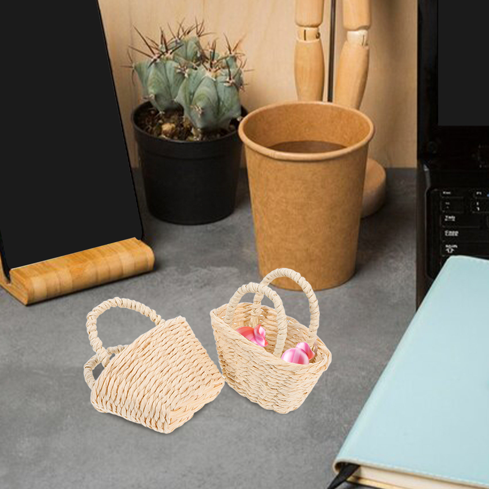 2Pcs Mini Raffia Handle Basket - Desk Setup Small Space review and price